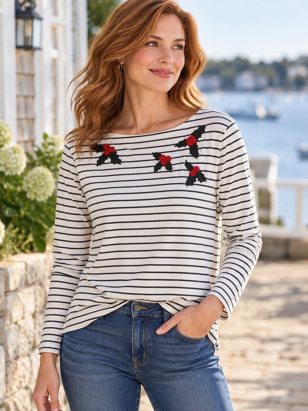 Talbots Holly Berry Embroidered Striped Cotton Top XL Holiday